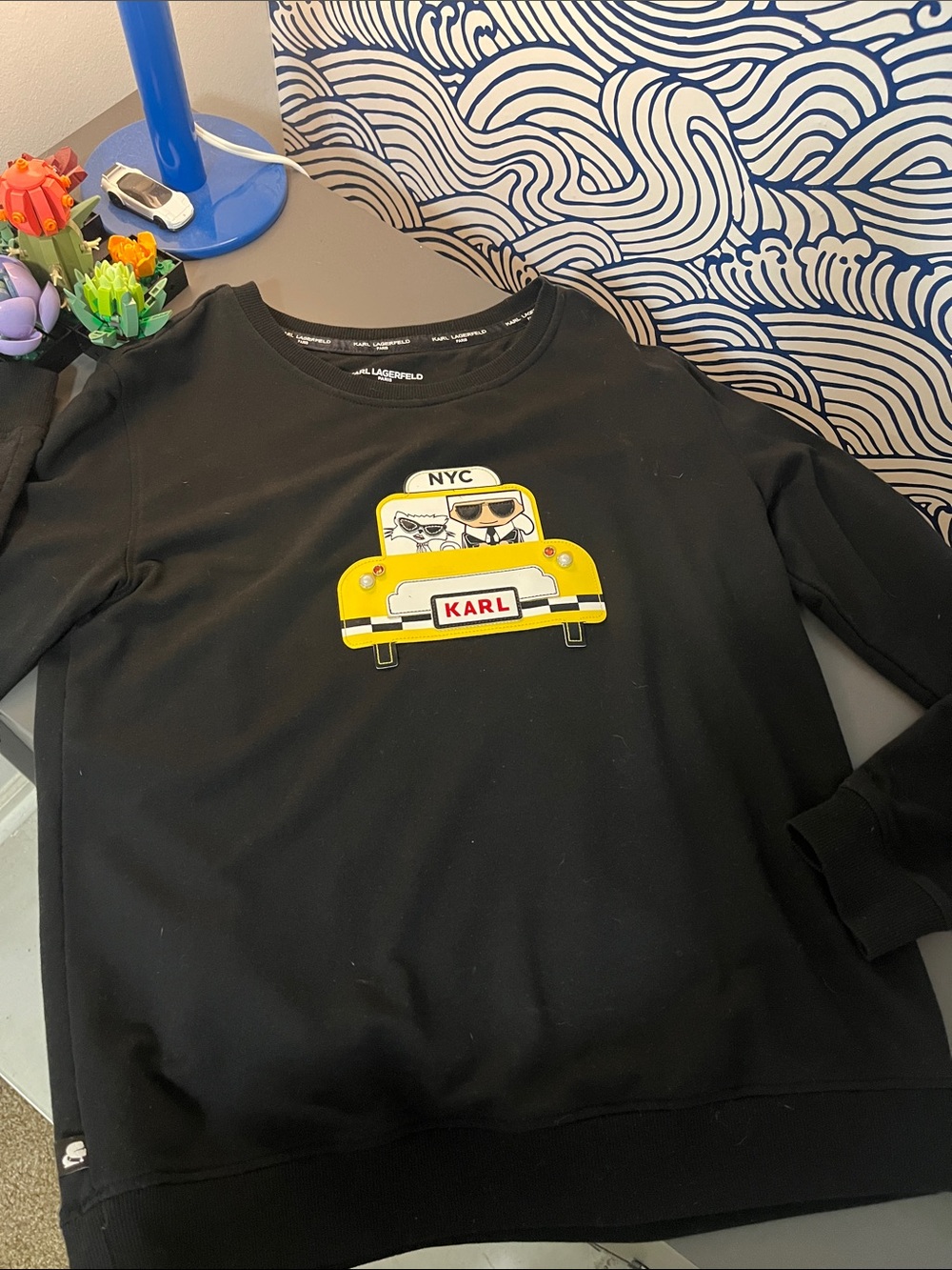 Karl Lagerfeld Black Crewneck Sweatshirt with Yellow Taxi Graphic